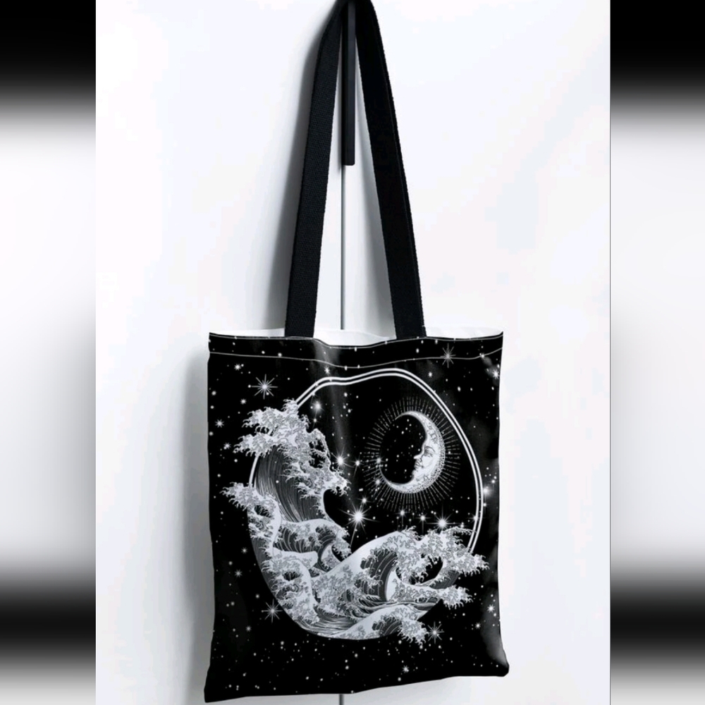 Moon & Wave Print Shopping Tote Bag! New!